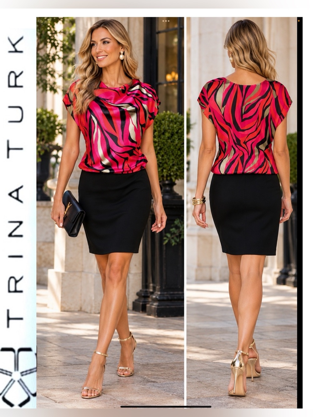 Trina Turk NWT Silk Blouson Black Stretch‎ bottom Multicolor Mini Dress. Size 10